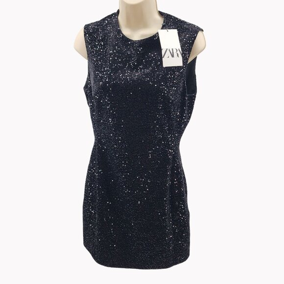 ZARA Women’s Size S Black Sequin Sleeveless Mini Dress Party Cocktail New - Picture 1 of 11